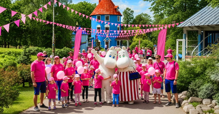 Muumipeikko, Muumimamma ja ryhmä aikuisia ja lapsia Muumitalon edessä juhlaviirien alla.
